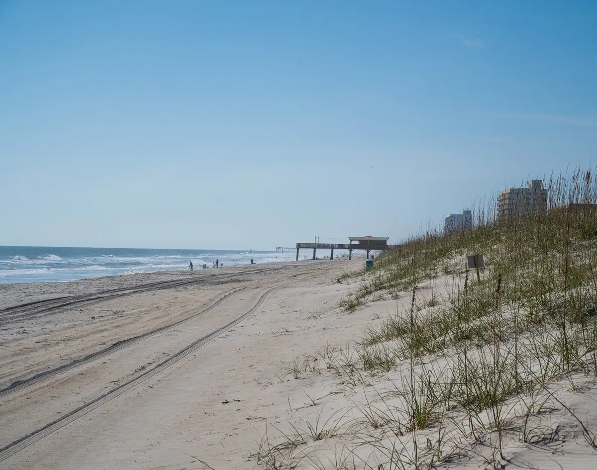 A scenic view of Carolina Beach's sandy shoreline, with gentle waves, dune grass, and people strolling, building sandcastles, or walking along the water. A pier extends over the ocean, reinforcing the classic family beach experience.