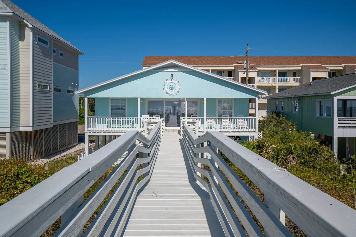 The image showcases a classic oceanfront beach house with a private walkway leading directly to the sandy shores, all under a bright blue sky. The inviting porch offers views perfect for sunset relaxation or sipping morning coffee, while the spacious deck hints at outdoor gatherings and family fun. The overall scene is peaceful and welcoming, emphasizing direct beach access and a sense of privacy.