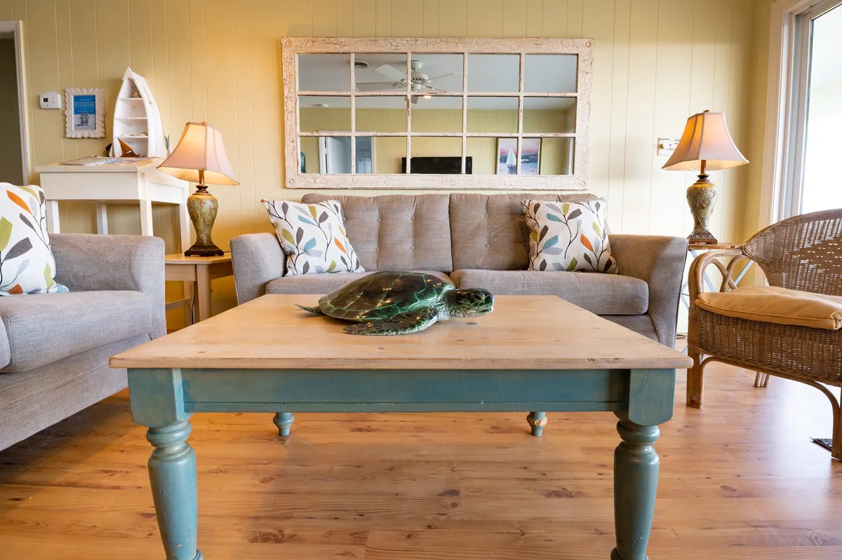A cozy, inviting living space with a green turtle sculpture on the coffee table, a comfortable sofa with decorative pillows, and a large mirror reflecting natural light. The scene is casual and homey, perfect for relaxing with family or pets.